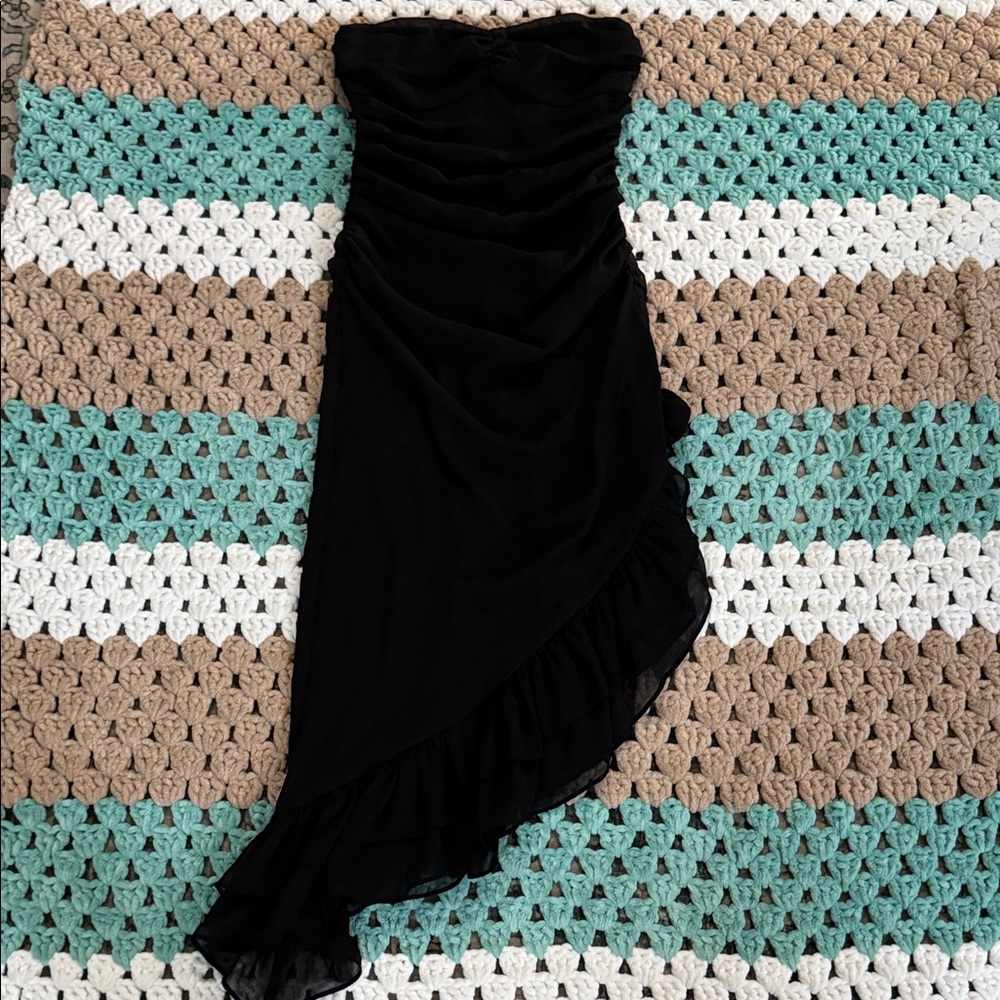 Black Strapless Rouched Ruffle Formal Prom Party Dress Womans sz XXS